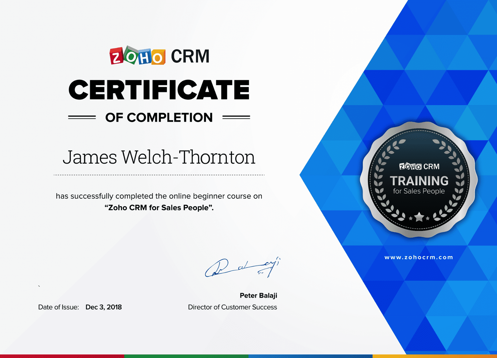 Zoho CRM for Sales People Certificate