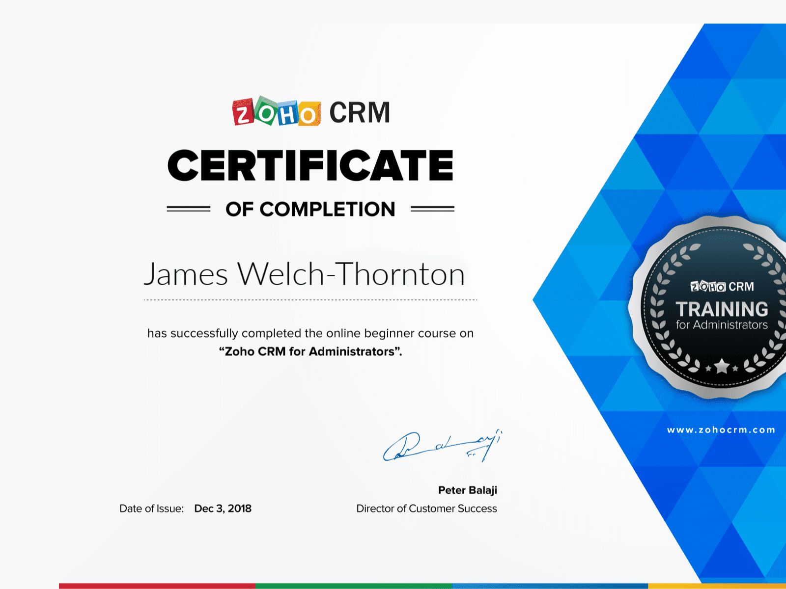 Zoho CRM for Administrators Certificate