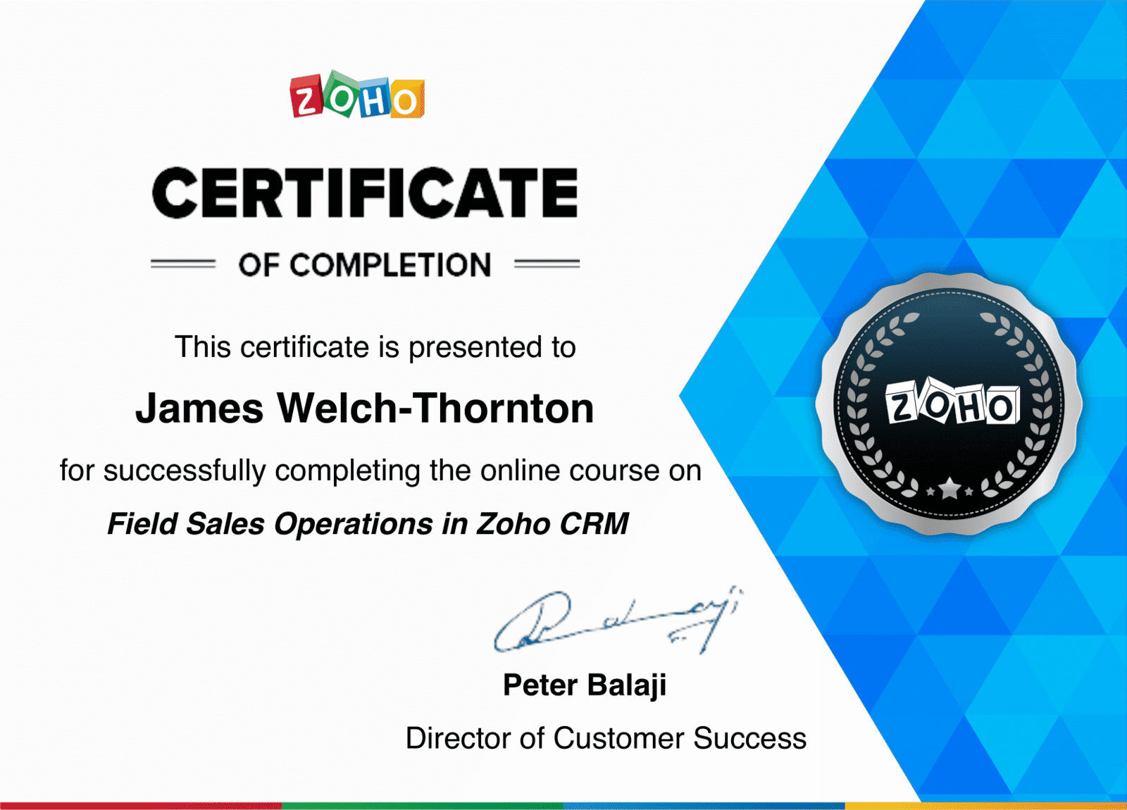 Field Sales Operations in Zoho CRM Certificate