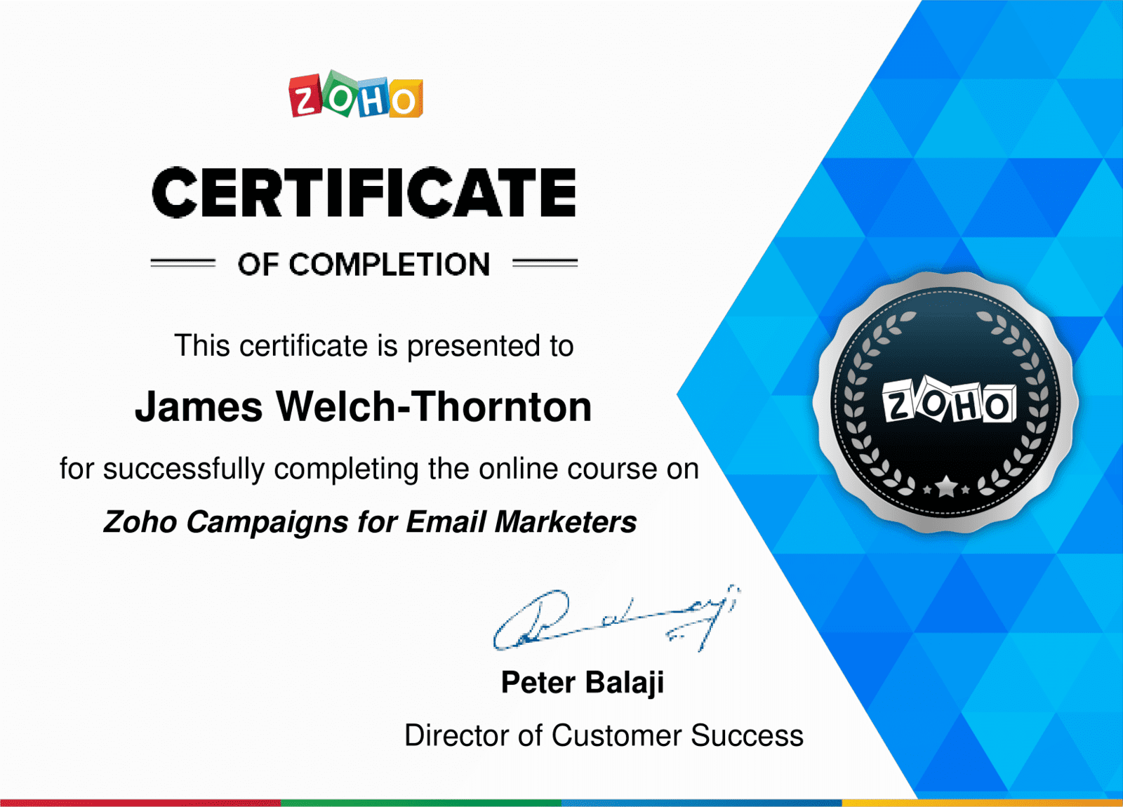 Zoho Campaigns for Email Marketers Certificate